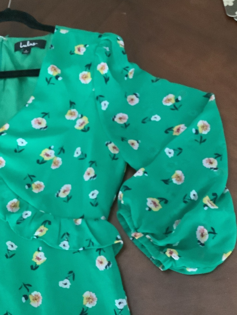 Lulu's Emerald Green Floral V-Neck Ruffle Shift Dress - Picture 7 of 9